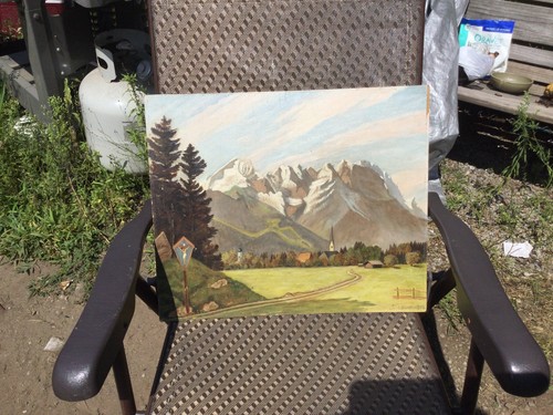 Vintage L Kitchener German Mountain Landscape Painting On Wood No Res.