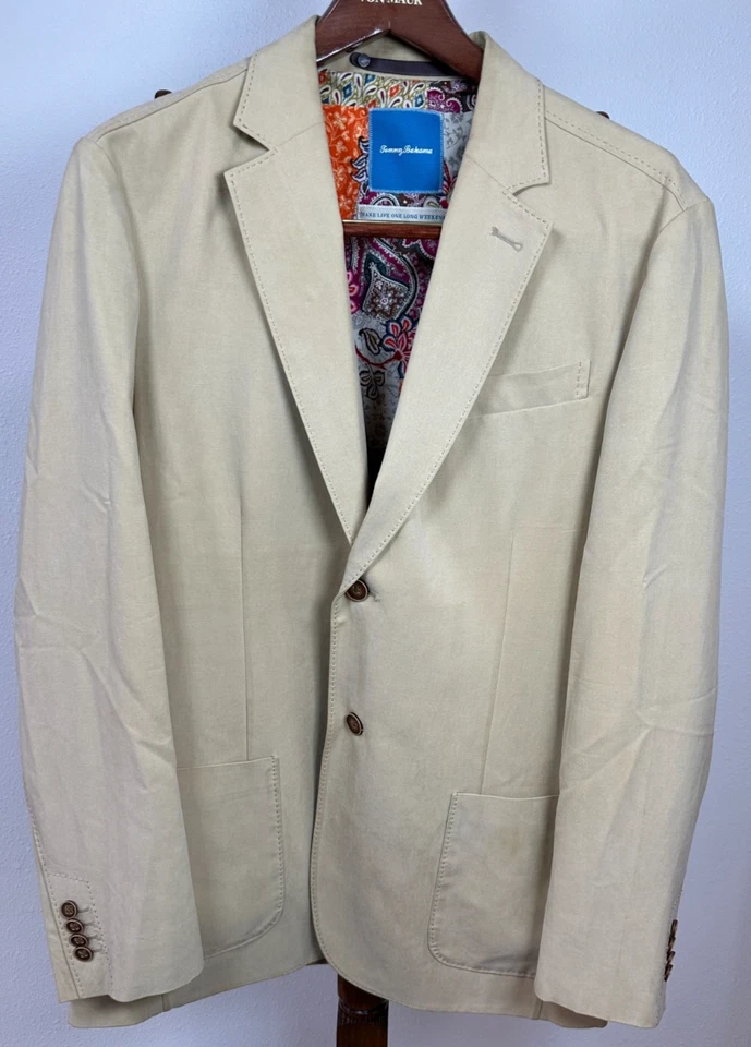 Abrigo Blazer Deportivo Tommy Bahama Para Hombre Lana Seda L Caqui Beige Forro Cachemira Foto 3 de 4