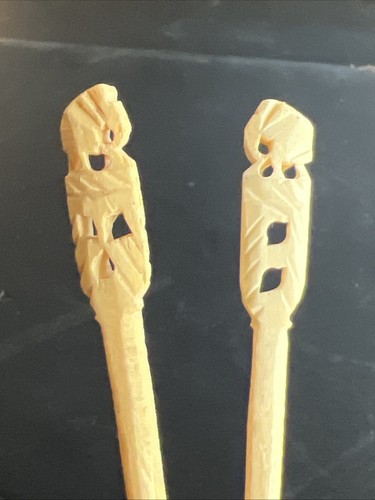 Vintage Afrikanischer Stamm 4" Brieföffner Haar Pick 2er Set Handgeschnitzt Elefant - Bild 1 von 9