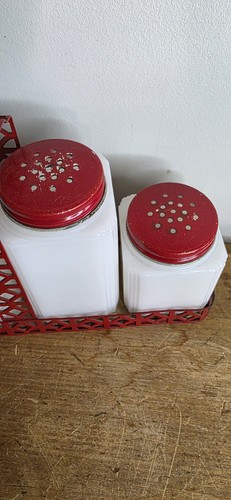 Vtg McKee Tipp City Milk Glass Cherry Salt Pepper Sugar Flour Metal Caddy - Picture 8 of 8