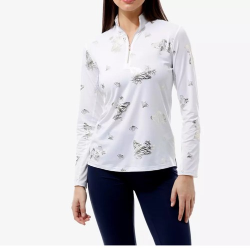 San Soleil Damen XL Shirt UPF 50 1/4 Zip belüftet Langarm Schmetterling weiß Golf