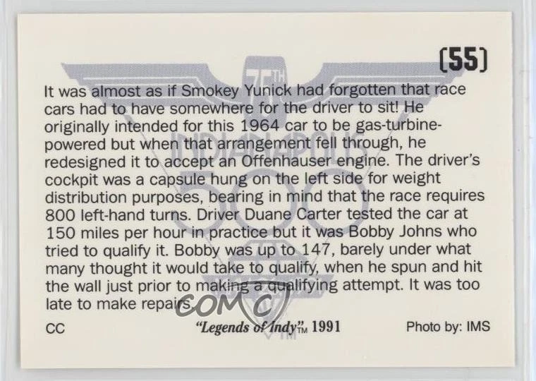 1991 Collegiate Collection Legends of Indy Smokey Yunick Smokey's Sidecar HOF - Image 2 of 2