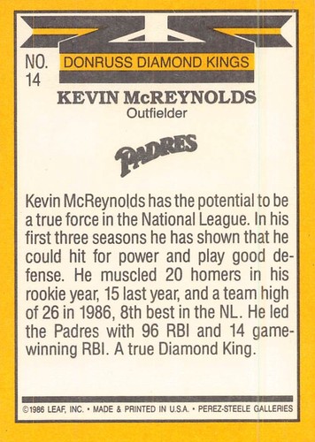 Tarjeta de béisbol Kevin McReynolds 1987 Donruss 14a San Diego Padres - Imagen 2 de 2