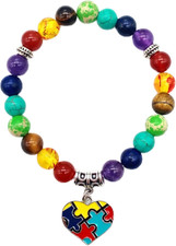 Autism Awareness 7 Chakra Beads Elastic Bracelet Colorful Beaded Love Heart Cros