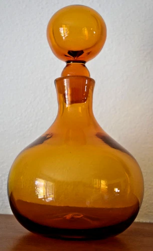 Vintage Blenko Amber Hand Blown Glass Decanter With Ball Stopper & Pontil Scar