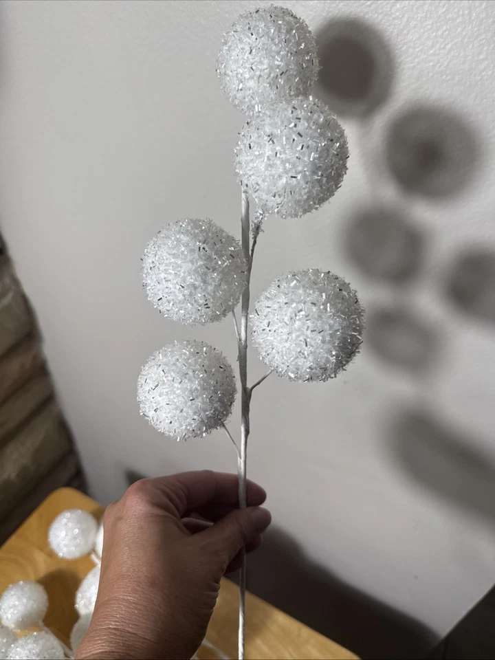 6 Pc White & Silver Tinsel Balls Wired Christmas Floral Pick Craft Supplies - Image 3 of 4