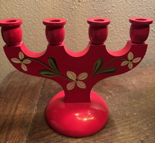 RARE SVARV TRASLOJD AB SWEDEN MCM FOLK ART WOODEN Candelabra 4 Candle Holder Red - Picture 2 of 3