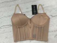 New Women's Say What Corset Bustier Metallic Chain Straps Zipper Nude Size Small