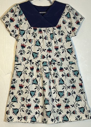 The Tea Collection Little Girl Sz 6 Dress Short Sleeve V Neck White Blue Flowers - Picture 7 of 10