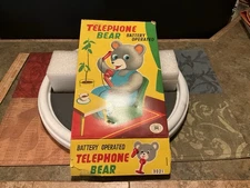 Vintage Modern Toys Tin Battery Operated Telephone Bear Original Box Top 1960s