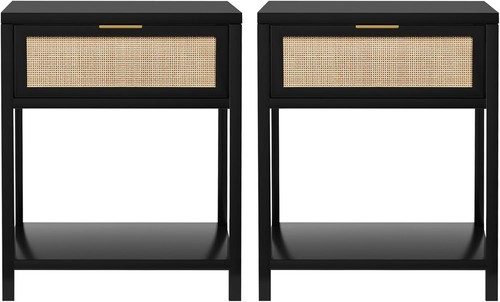 Black Nightstand Set of 2, Mid-Century Modern End Table with Storage Drawer