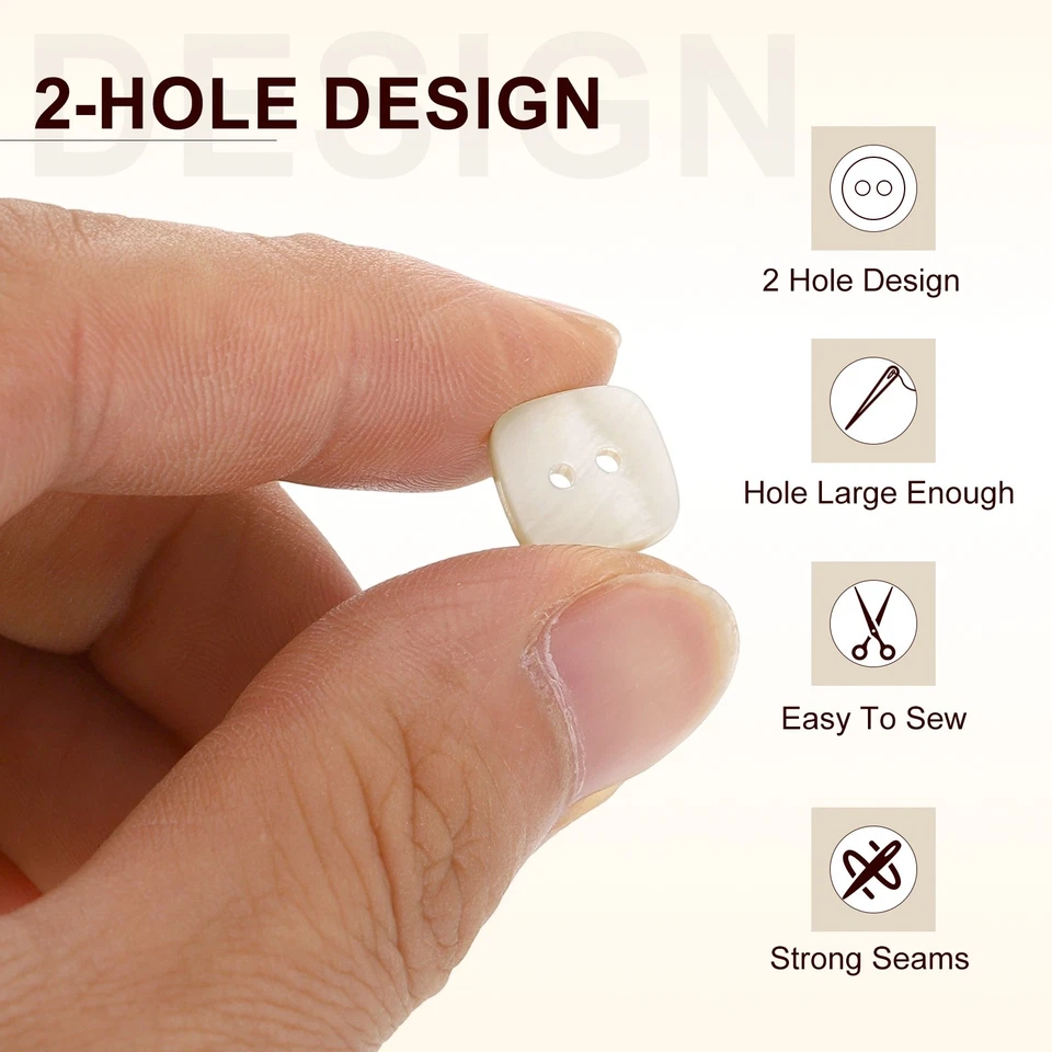 10 botones cuadrados 8 mm 2 agujeros botones de costura artesanal concha, blanco Foto 4 de 4