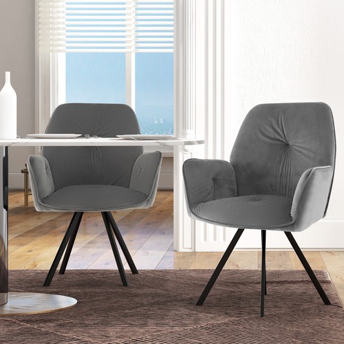 2PCS Velvet Accent Chairs Swivel Dining Armchairs w/ Back & Metal Legs Gray - Picture 3 of 8