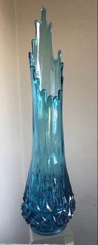 VINTAGE GLASS SWUNG VASE L.E. SMITH BLUE DIAMOND BUTT 26" BLENKO ERA SUPER CLEAN - Picture 2 of 11