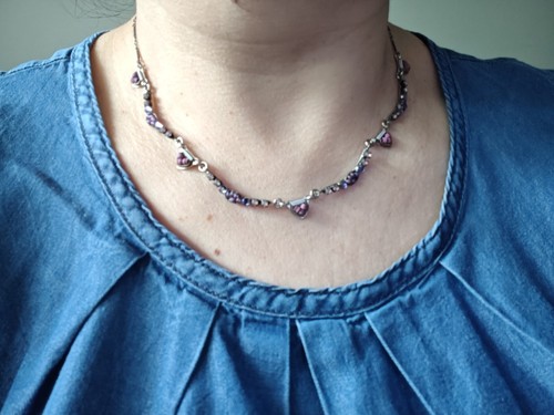 Ayala Bar Dainty Mosaic Purple Glass Necklace Antiqued Silver Tone Adjustable  - Picture 3 of 15