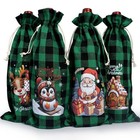 Holiday Wine Bottle Bag in Knit Fabric with Plaid Design and Drawstring
