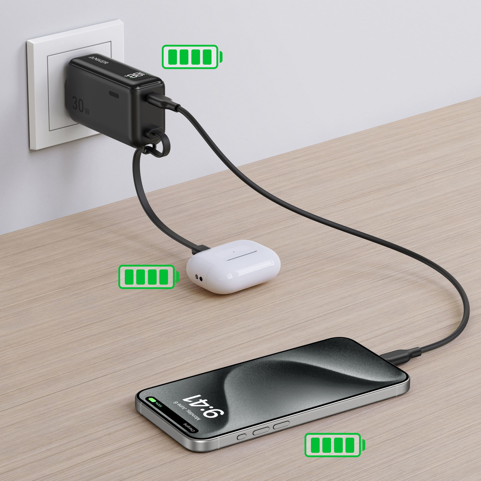 Anker - Блок питания (30 Вт, Fusion, встроенный кабель USB-C) - Черный