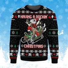 Rockin  Santa Guitar 3D Print Funny Ugly Christmas Sweater Heavy Metal Style