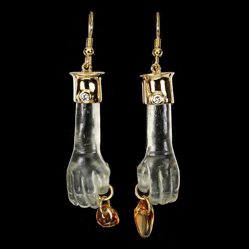 Valentine 18K Yellow Gold Earrings Handmade Hand Carved Amethyst Citrine Diamond - Picture 2 of 9