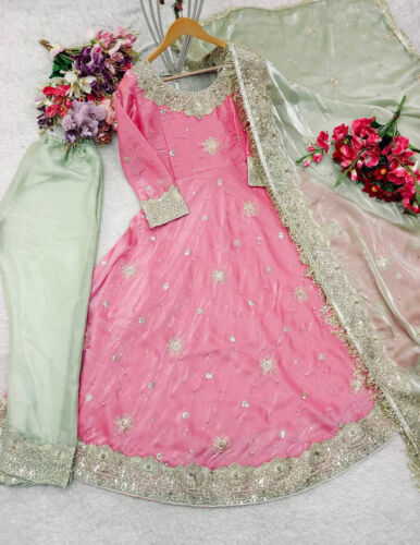PINK ANARKALI WEDDING PARTY WEAR GOWN DESIGNER INDIAN BOLLYWOOD DRESS ANARKALI - Picture 2 of 4