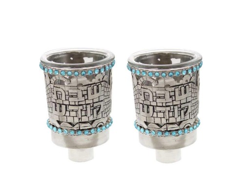 PAR DE VASOS DE ACEITE DE NÍQUEL Vidrio 7 CM CON PIEDRAS AZUL PÁLIDO Jerusalén tierra santa - Imagen 4 de 6