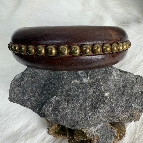 Wood w/ Brass Rivets Bangle Bracelet - Picture 1 of 6