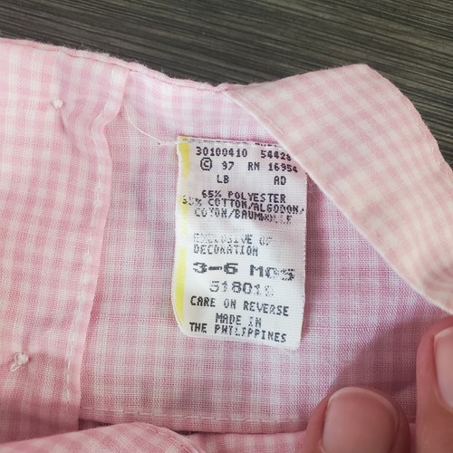 Vintage Pink Gingham Baby Romper Eyelet Lace Trim 3-6 Months Infant Overalls - Picture 6 of 9