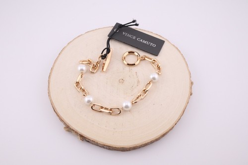 Women's Vince Camuto Faux Pearl Toggle Chain Bracelet Gold Plated Jewelry - Picture 2 of 7