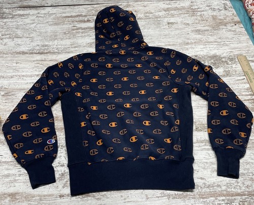 Champion Reverse Weave All Over Print Hoodie Logo Blue Orange Mens Size S - Picture 2 of 6