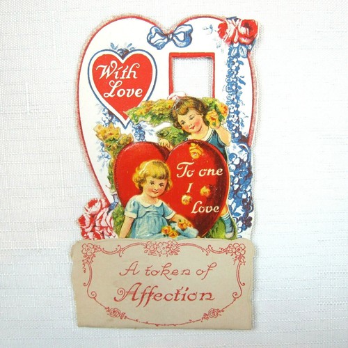 Vintage Valentine Pop Up 3D Die Cut Boy & Blonde Girl Flowers Germany 1920s-30s - Picture 1 of 12