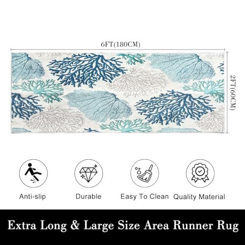 Coastal Hallway Runner Rug 2x6 Nautical Beach Ocean Themed Throw Rug Teal Blue - Picture 3 of 8