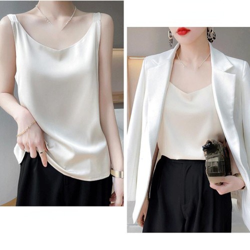 Lady Faux Silk Chemise Vest Tops Sleeveless Tank Tops Strappy Basic Shiny Casual - Bild 5 von 17
