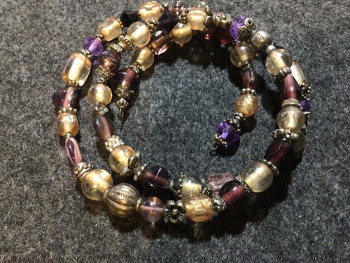 Vintage Beaded Bracelet 29” Wrap Chunky Various Purple & Clear Glass Beads - Picture 1 of 3