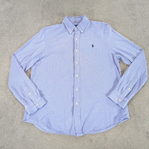 Ralph Lauren Shirt Mens Large Blue Knit Dress Shirt Long Sleeve Houndstooth