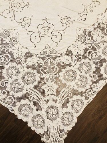 "Antiguo mantel hecho a mano bordado corte trabajo lino filete encaje 79"" X 62" - Imagen 8 de 20