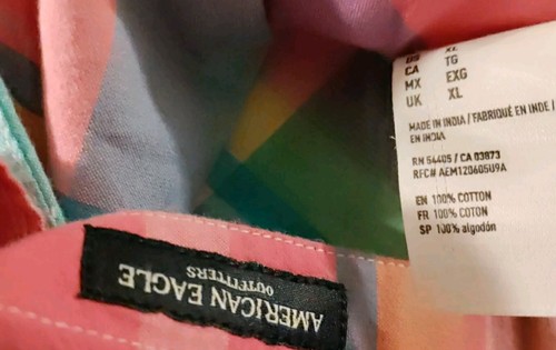 Men American Eagle Pink Multicolor Plaid Cotton Beach Resort Dress Shirt XL NWOT - Picture 5 of 6