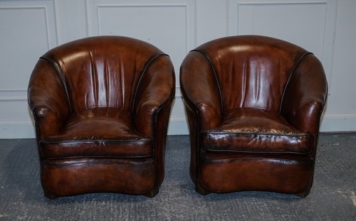 1920'S ART DECO RESTORED HAND DYED WHISKEY BROWN SUITE SOFA ARMCHAIRS FOOTSTOOLS - Picture 12 of 24