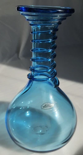 Blenko Glass Turquoise Blue Vase with Applied Swirl & Handcraft Label 1999-2000