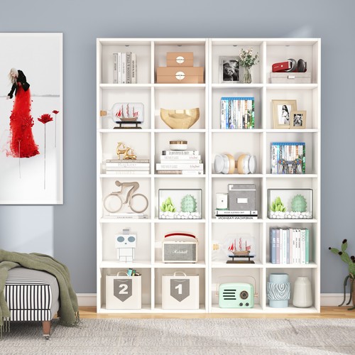 White Bookcase Bookshelf with 12 Cube Storage, 6 Tier Wood Display Rack Shelves - Picture 5 of 12