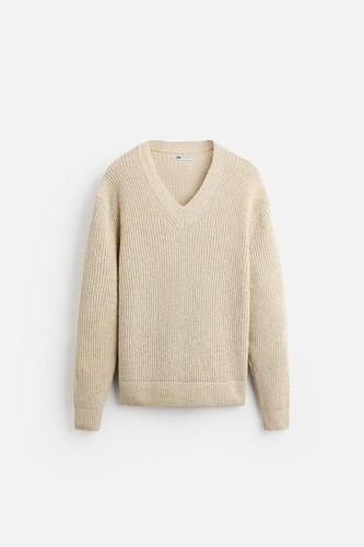 NWT ZARA Men's Cotton Linen blend Ribbed Knit V neck Sweater Size M / Medium - Picture 7 of 16