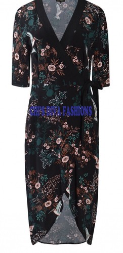 EX HIGH STREET Súper Lindo Oriental Estampado de Pájaro Envolvente Vestido Midi Tallas REINO UNIDO 8-16 - Imagen 4 de 7