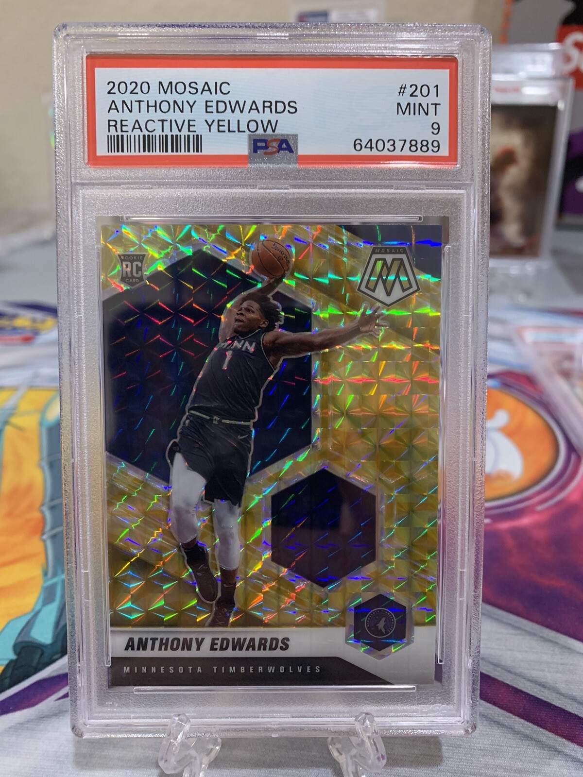 2020-21 Panini Mosaic Reactive Yellow #201 Anthony Edwards RC PSA 9 POP 16