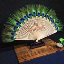 Peacock Feather Fan Folding Fan Craft Fan Decorative Fan Folding Fan Wooden Fan
