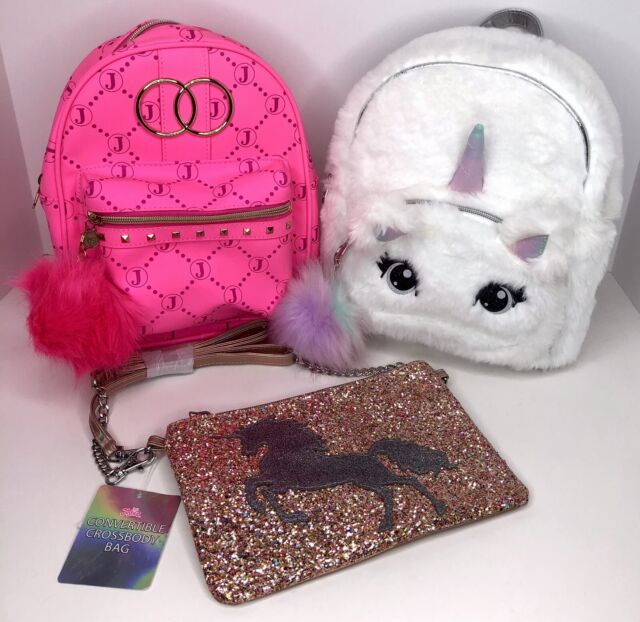Lot of Justice Girl's Purse & Two Backpacks Sequin Unicorn Neon Pink Furry Lot of Justice Girl's Purse & Two Backpacks Sequin Unicorn Neon Pink Furry