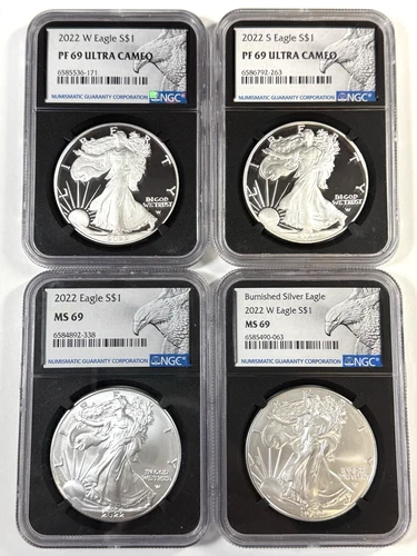 2022 Silver American Eagle 4 Coin Set - BU, Proof (WS), Burnished (W) - PF69 NGC