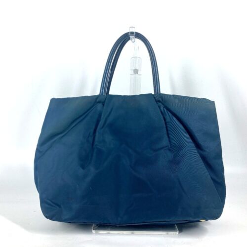 PRADA Logo ribbon Tote Bag Hand Bag Nylon Blue Based - Foto 2 di 17