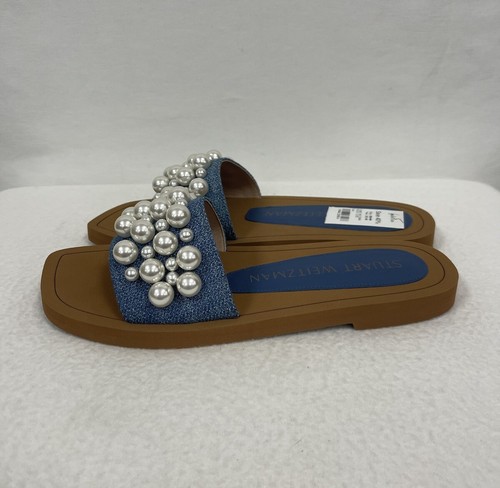 Stuart Weitzman Goldie Denim Pearl Sandals Slides 8.5 (EU 39) NWT - Picture 2 of 8