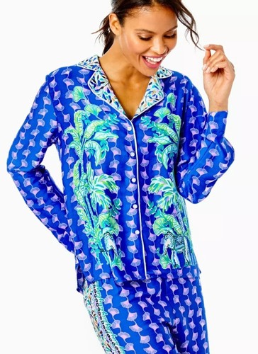 Lilly Pulitzer Woven Pajama Top LARGE Blue Grotto Fan Favorite Pj $118 NWT Satin - Picture 2 of 6