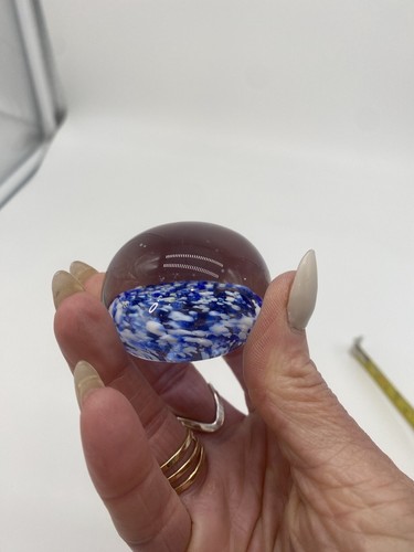 Art Glass Paperweight Orb Blue White Blown Bubbles - Picture 4 of 14