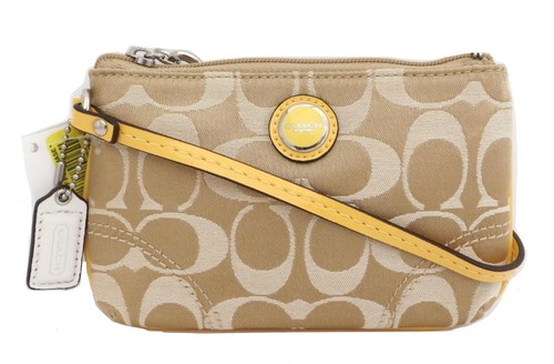 New NWT Coach Poppy Khaki & Sunflower Yellow Signature & Leather Wristlet 47020